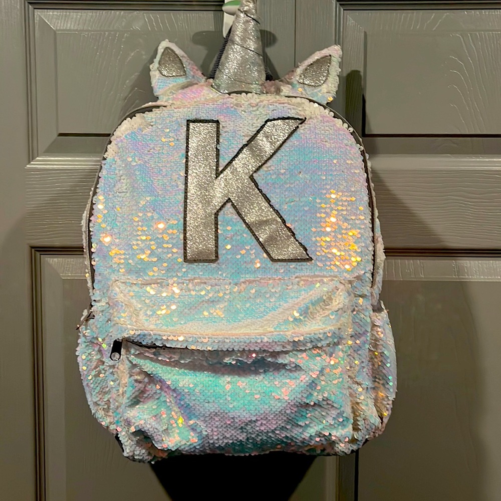 Justice K Initial Sequin Shimmer Unicorn Book Bag School Backpack Full Size